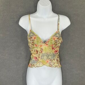 Shein‎ Cami Tank Top Yellow Floral Print Mesh Ruffle Lettuce Hem Babydoll Retro